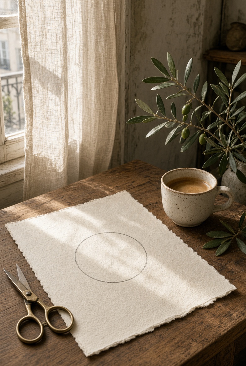 Bureau d’atelier, papier, ciseaux et branche d’olivier près de la fenêtre
