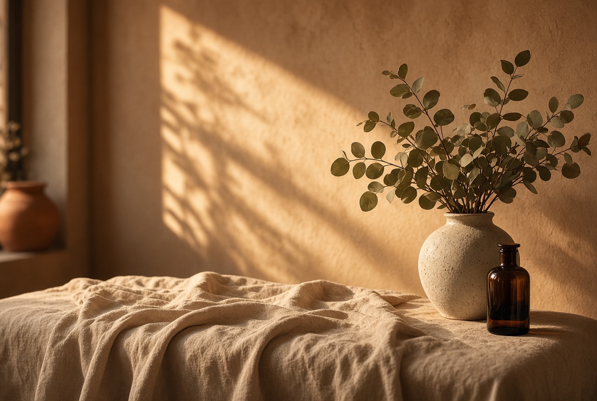 Cabinet au lin froissé, flacon d’huile et eucalyptus dans la lumière de fin de journée